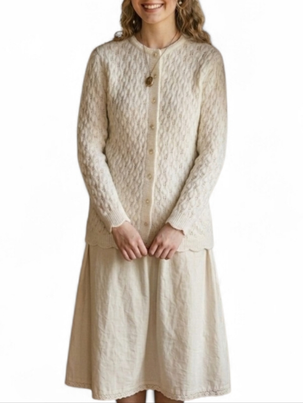 Vintage 50s White Popcorn Knit Scalloped Cardigan Cottagecore Coquette Sweater